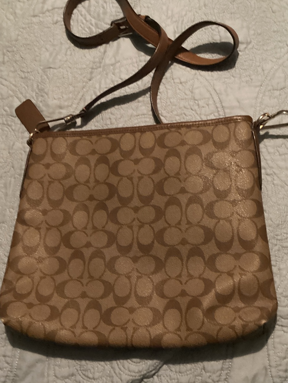 Coach Signature Jacquard Crossbody in Light Brown and Tan - Picture 2 of 5